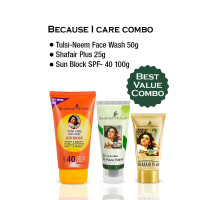 Combo Because I Care — Écran Solaire SPF-40 + Nettoyant Visage Tulsi Neem + Shafair Plus, 100 grammes + 50 grammes + 25 grammes