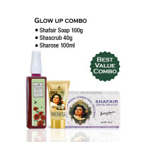 Kit Glow Up Combo — Savon Shafair Plus + Tonique pour la Peau Sharose Premium enrichi aux Dattes + Gommage Visage & Corps Shascrub Plus à la Noix, 100 grammes + 100 ml + 40 grammes